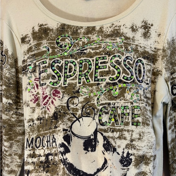 Y2K Sequin Printed Beaded Long Sleeve Espresso Graphic Top - Size XL(Fits Medium - Picture 5 of 11